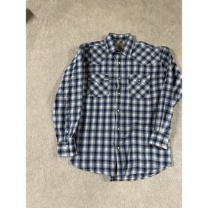 COWBOY LEGEND Shirt Mens Large‎ Blue Plaid Pearl Snap Casual